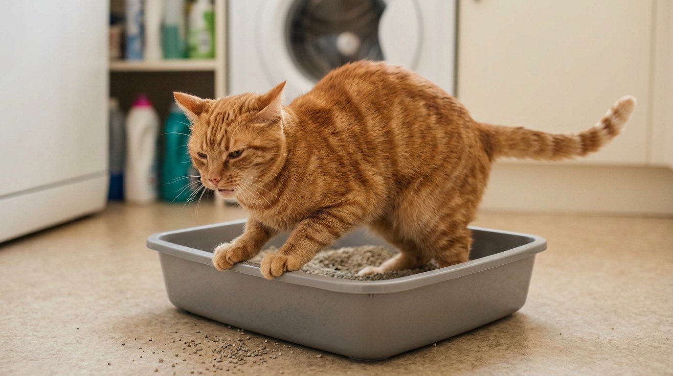 Male cat straining in litter box showing signs of urethral obstruction