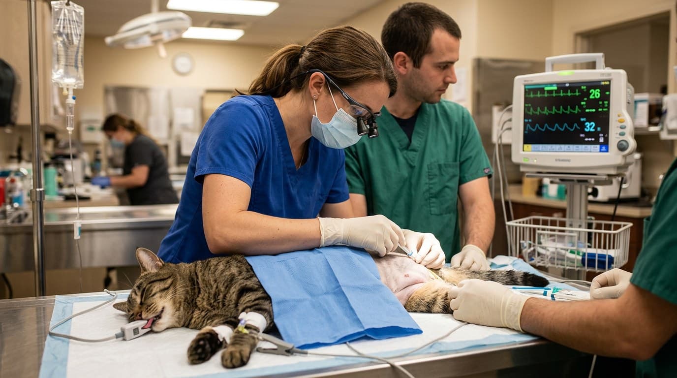 Veterinarian placing a urinary catheter in a sedated male cat for urethral obstruction relief