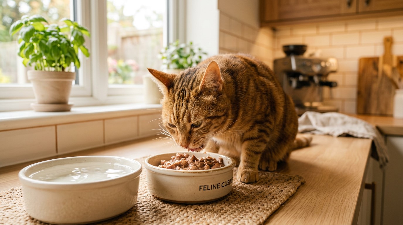 Cat eating wet food from a bowl as part of urinary obstruction prevention