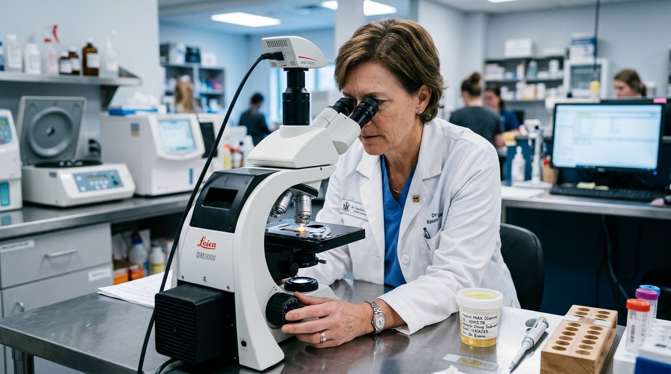 Veterinarian examining a urine sample under a microscope for urinary tract infection diagnosis