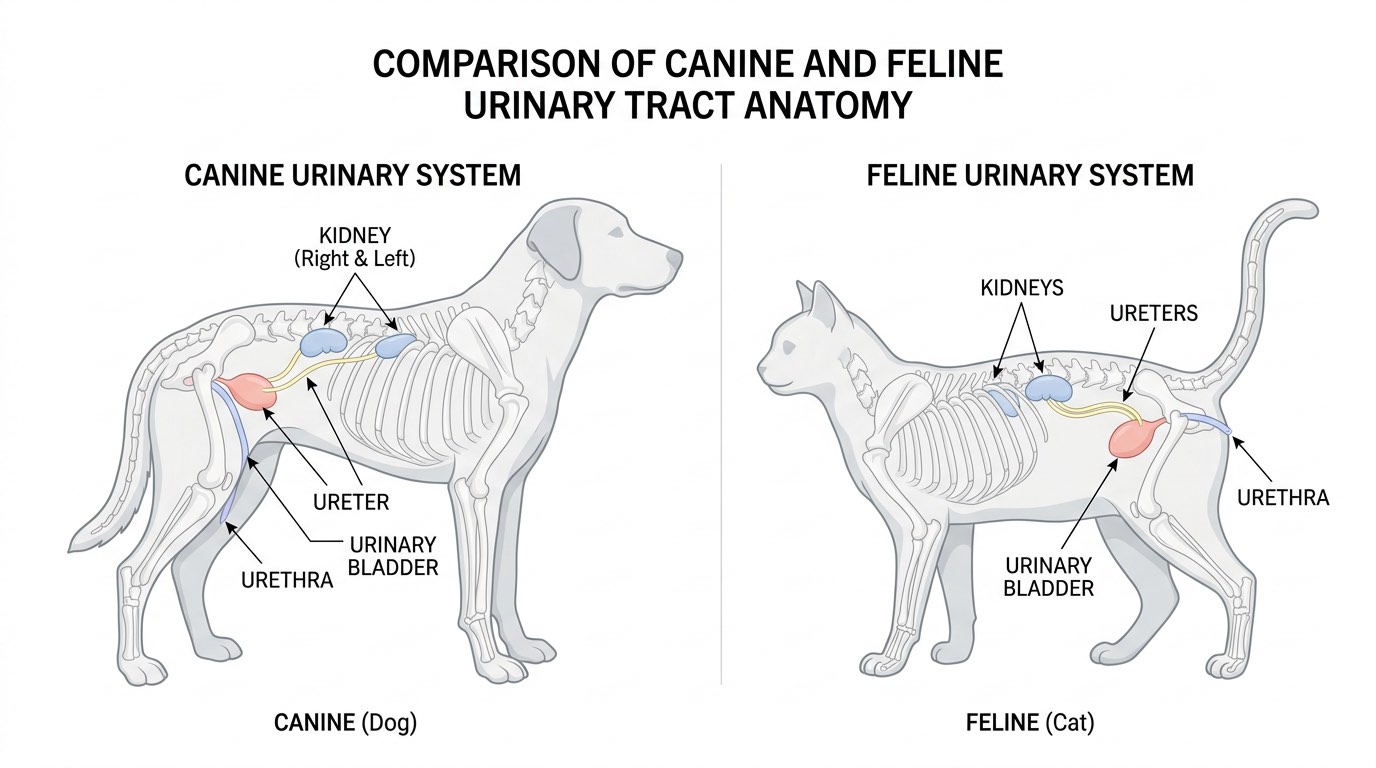 Diagram showing the canine and feline urinary tract anatomy