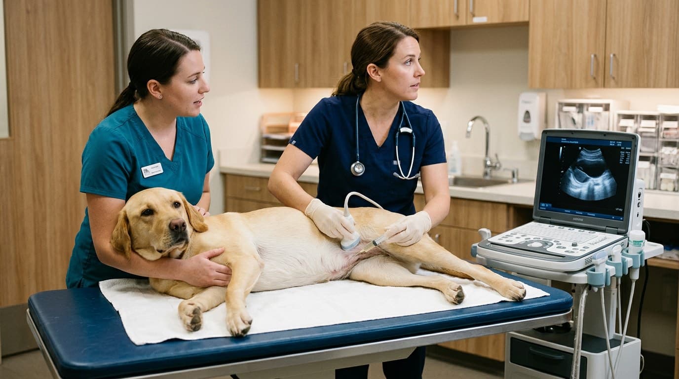 Veterinarian collecting a sterile urine sample from a dog via cystocentesis