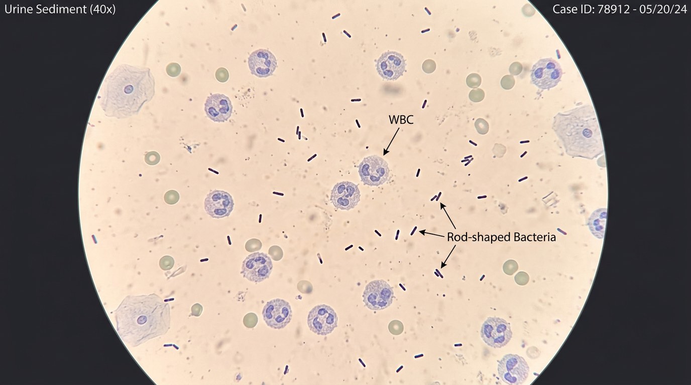 Urine sediment under microscope showing bacteria and white blood cells
