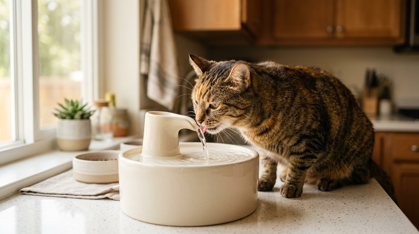 Cat drinking from a pet water fountain as part of UTI prevention