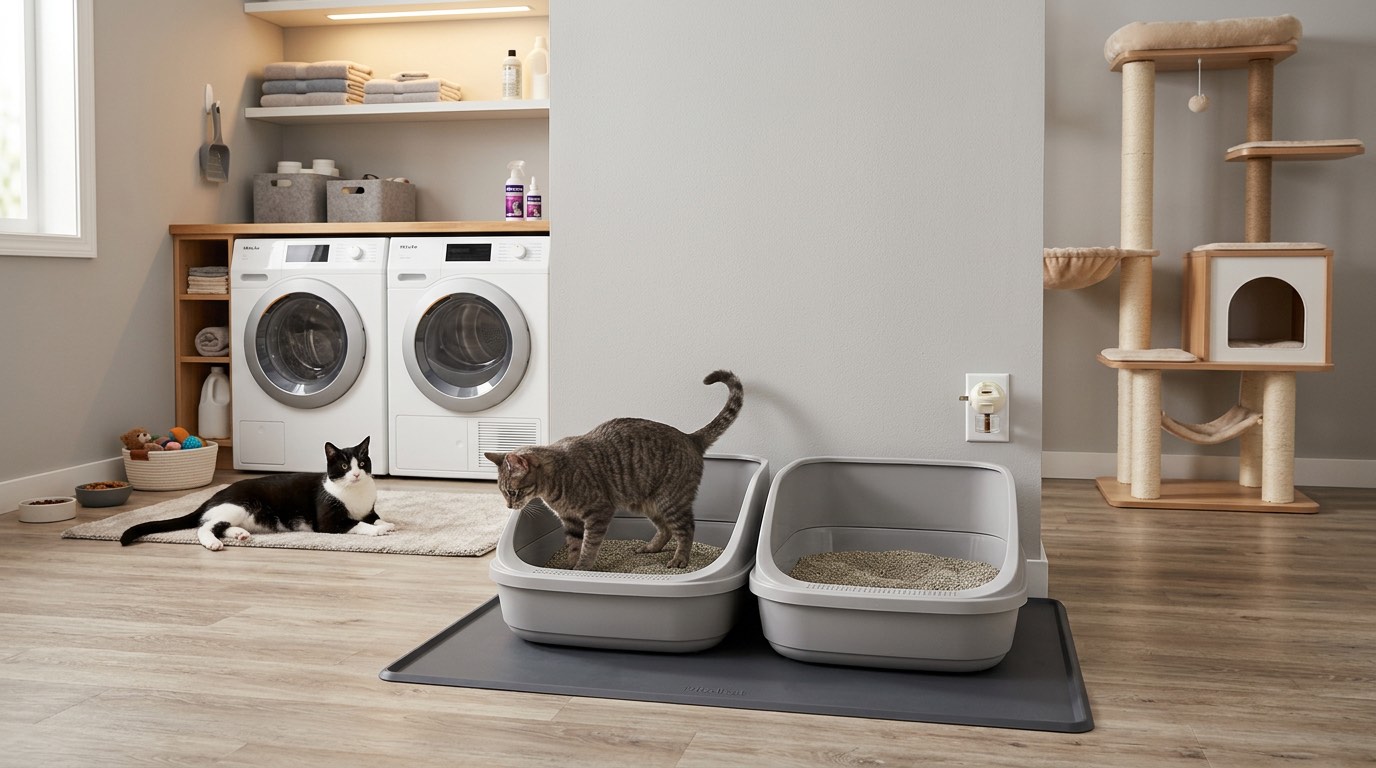 Clean litter box setup in a multi-cat household for urinary health