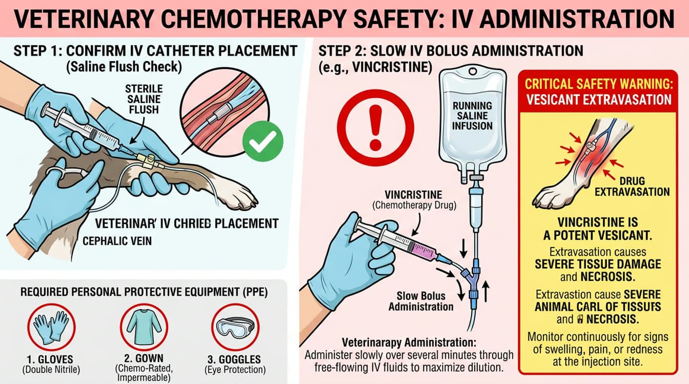 Diagram showing vincristine vesicant extravasation prevention and IV catheter patency check