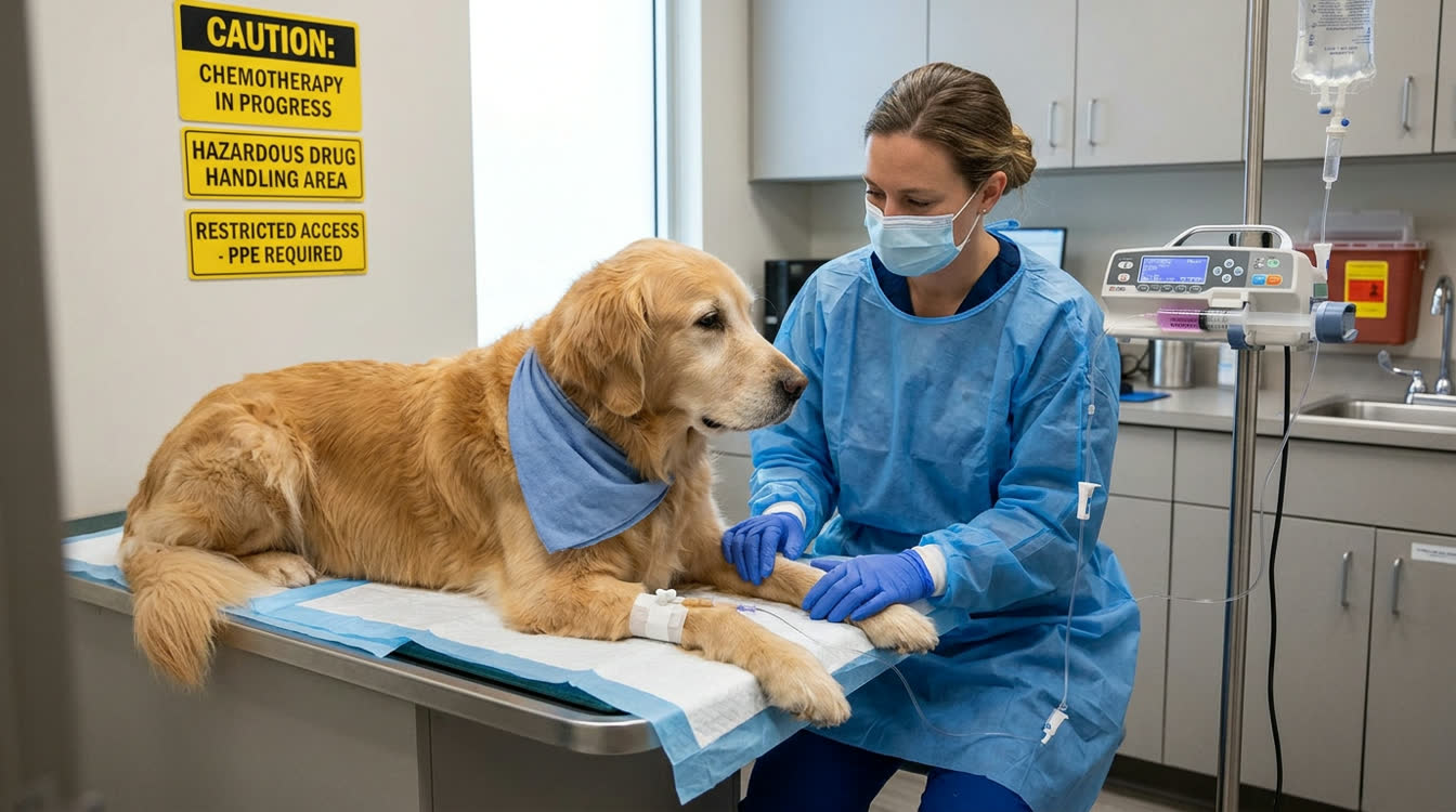 Dog receiving vincristine IV during CHOP lymphoma protocol in a veterinary oncology suite