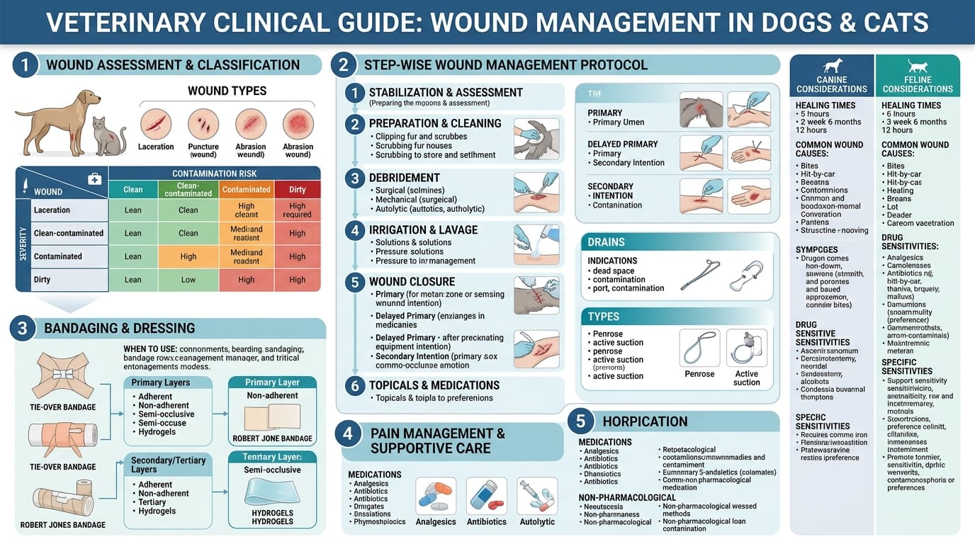 Wound closure timing decision flowchart and suture material selection guide for veterinary wounds